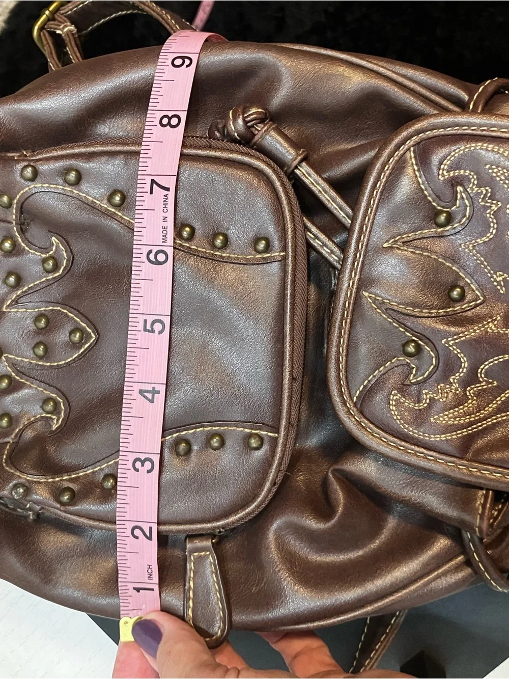 Dark Brown Faux Leather Stud-Accent Backpack